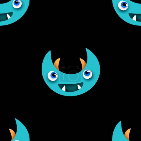 Illustration for Seamless Pattern with Cute Little Monsters. Surreal Design on Black. Pop Art Cartoon Style with Stains. Endless Texture. Vector 3d Illustration - Royalty Free Image