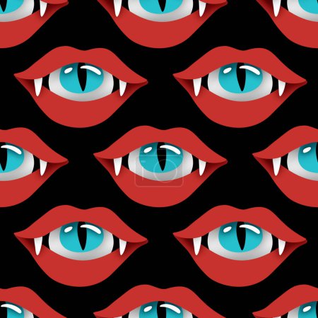 Illustration for Seamless Pattern with Psyhodelical Print with Vampire Vibes, Eye in the Mouth. Surreal Design on Black. Pop Art Cartoon Style with Stains. Endless Texture. Vector 3d Illustration - Royalty Free Image
