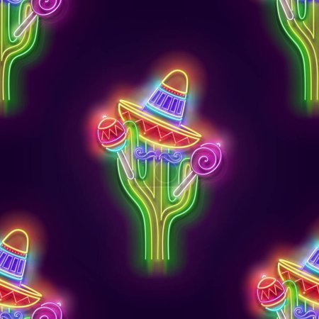 Téléchargez les illustrations : Modèle sans couture avec cactus mexicain brillant en sombrero avec marocas. Jolie chanteuse, Mariachi. Texture légère néon, enseigne. Contexte brillant. Illustration vectorielle 3d - en licence libre de droit