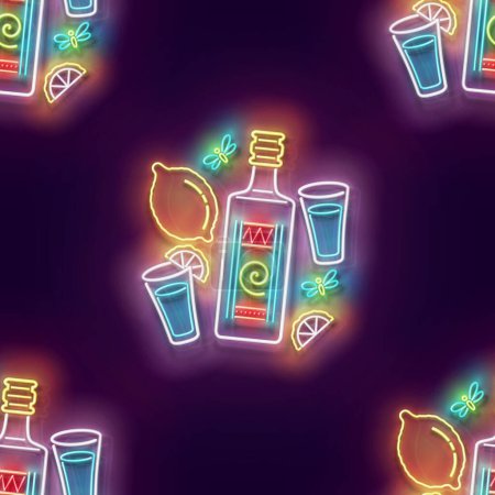 Illustration for Seamless pattern with glow Mexican tequila, shot, lemon. Traditional ethnic alcoholic drink. Neon Light Texture, Signboard. Glossy Background. Vector 3d Illustration - Royalty Free Image