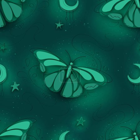 Illustration for Seamless Pattern with Delicate Dreamy Butterfly on Textured Background. Hand-Drawn Style Texture. Natural Abstract Design.  Monochromatic Powdery Coloring. Vector 3d Illustration - Royalty Free Image