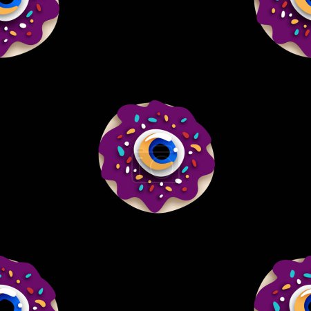 Illustration for Seamless Pattern with Psyhodelical Donut with Eye. Surreal Design on Black. Pop Art Cartoon Style with Stains. Endless Texture. Vector 3d Illustration - Royalty Free Image