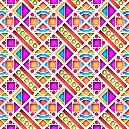 Illustration for Seamless Colorful Geometric Pattern, Crazy Patchwork Quilt Ornament. Endless Modern Mosaic Texture.  Fabric Textile, Wrapping Paper, Wallpaper. Vector 3d Illustration. Abstract Art - Royalty Free Image
