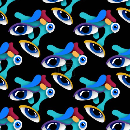 Illustration for Seamless Pattern with Psyhodelical Print with Monster Eyes. Surreal Design on Black. Pop Art Cartoon Style with Stains. Endless Texture. Vector 3d Illustration - Royalty Free Image