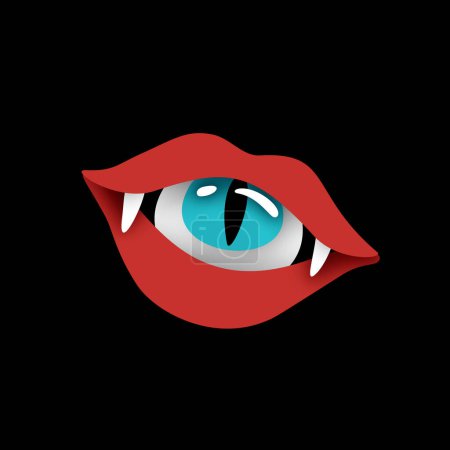 Illustration for Psyhodelical Print with Vampire Vibes, Eye in the Mouth. Surreal Design on Black. Pop Art Cartoon Style with Stains. Single Design Element. Vector 3d Illustration - Royalty Free Image