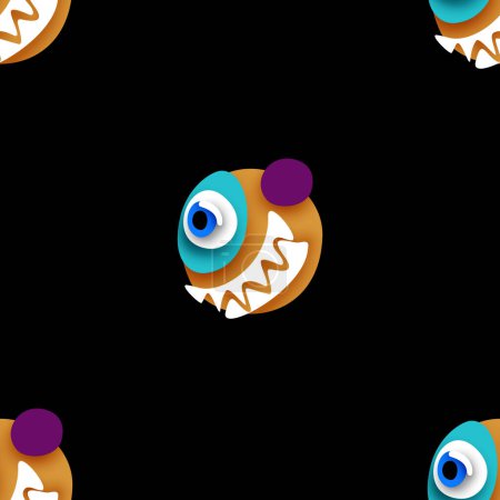 Illustration for Seamless Pattern with Psyhodelical Print with One-eye Monster with Scary Smile. Surreal Design on Black. Pop Art Cartoon Style with Stains. Endless Texture. Vector 3d Illustration - Royalty Free Image