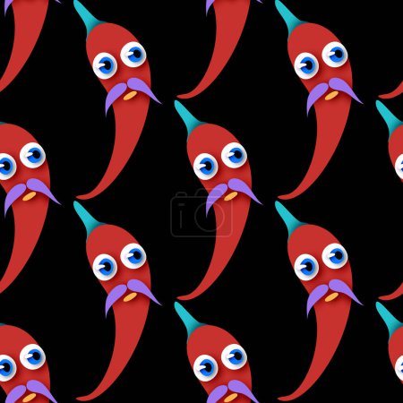 Illustration for Seamless Pattern with Cute Mexican Chili Peppers with Moustache. Surreal Design on Black. Pop Art Cartoon Style with Stains. Endless Texture. Vector 3d Illustration - Royalty Free Image