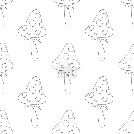 Illustration for Seamless Pattern with Poisonous Mushroom, Fly Agaric. Surreal Design, Endless Texture. Pop Art Cartoon Style with Stains. Coloring Book Page. Vector Contour Illustration - Royalty Free Image
