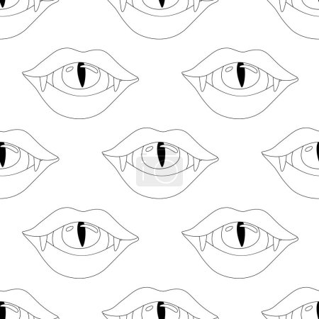 Illustration for Seamless Pattern with Psyhodelical Print with Vampire Vibes, Eye in the Mouth. Surreal Design, Endless Texture. Pop Art Cartoon Style with Stains. Coloring Book Page. Vector Contour Illustration - Royalty Free Image