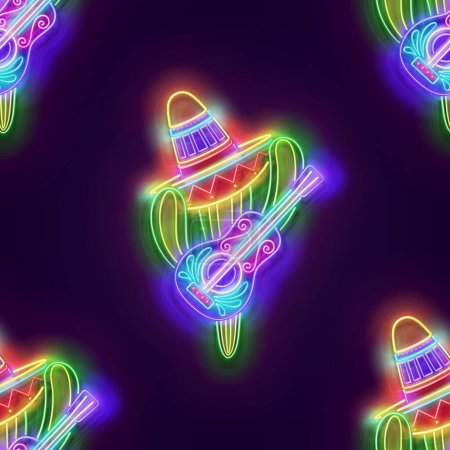 Illustration for Seamless pattern with glow Mexican cactus in sombrero with guitar. Cute singer, mariachi. Neon Light Texture, Signboard. Glossy Background. Vector 3d Illustration - Royalty Free Image