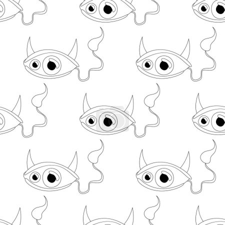 Illustration for Seamless Pattern with Psyhodelical Print with Surreal Devil Eye. Surreal Design, Endless Texture. Pop Art Cartoon Style with Stains. Coloring Book Page. Vector Contour Illustration - Royalty Free Image