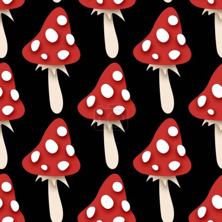 Illustration for Seamless Pattern with Poisonous Mushroom, Fly Agaric. Surreal Design on Black. Pop Art Cartoon Style with Stains. Endless Texture. Vector 3d Illustration - Royalty Free Image