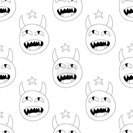 Illustration for Seamless Pattern with Psyhodelical Dreaming Monsters and Stars. Surreal Design, Endless Texture. Pop Art Cartoon Style with Stains. Coloring Book Page. Vector Contour Illustration - Royalty Free Image