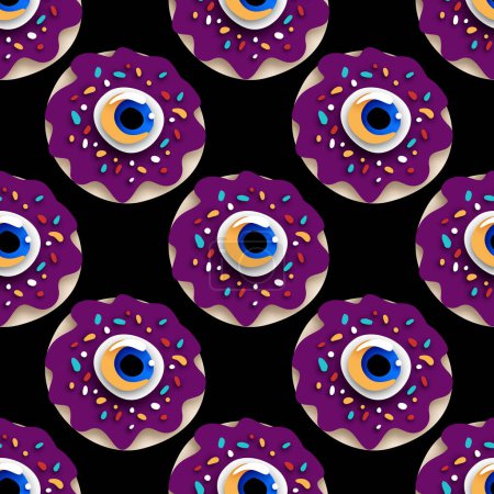 Illustration for Seamless Pattern with Psyhodelical Donut with Eye. Surreal Design on Black. Pop Art Cartoon Style with Stains. Endless Texture. Vector 3d Illustration - Royalty Free Image