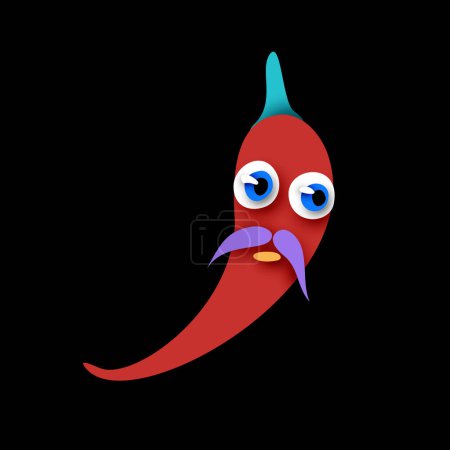 Illustration for Cute Mexican Chili Pepper with Moustache. Surreal Design on Black. Pop Art Cartoon Style with Stains. Single Design Element. Vector 3d Illustration - Royalty Free Image