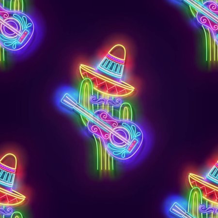 Téléchargez les illustrations : Modèle sans couture avec cactus mexicain lumineux en sombrero avec guitare. Jolie chanteuse, Mariachi. Texture légère néon, enseigne. Contexte brillant. Illustration vectorielle 3d - en licence libre de droit