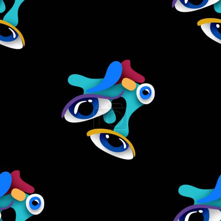 Illustration for Seamless Pattern with Psyhodelical Print with Monster Eyes. Surreal Design on Black. Pop Art Cartoon Style with Stains. Endless Texture. Vector 3d Illustration - Royalty Free Image