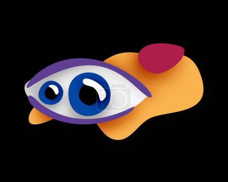 Illustration for Psyhodelical Print with Monster Eye on Blots. Surreal Design on Black. Pop Art Cartoon Style with Stains. Single Design Element. Vector 3d Illustration - Royalty Free Image