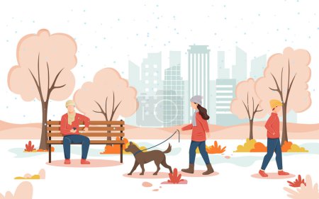 Foto de Mujeres paseando perro en invierno frío con la gente en el parque - Stock Illustration as EPS 10 File - Imagen libre de derechos