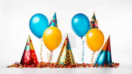 Carnival theme of colourful party hats with balloons.