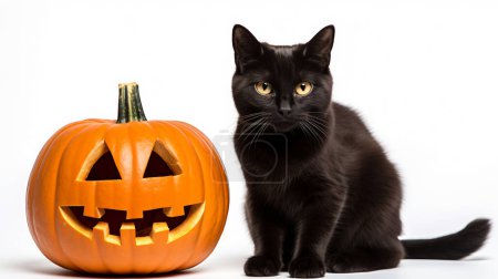 Niedliche schwarze Katze sitzt neben einer Jack O Laterne.