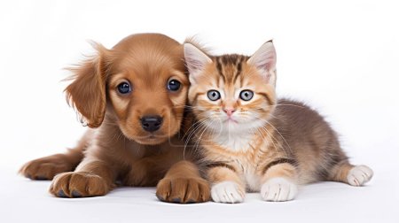 Adorable little kitten and puppy on white background.