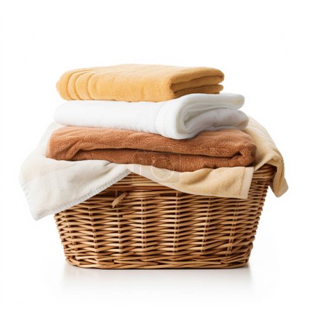 Foto de Cesta de ropa de mimbre con toallas plegadas aisladas en blanco. - Imagen libre de derechos