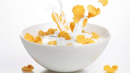 Corn flakes with milk splash in white bowl isolated on white background.