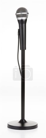Stand with modern microphone on white background.