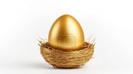 Téléchargez les photos : Oeuf de Pâques doré dans un panier sur fond blanc - en image libre de droit