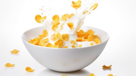 Foto de Copos de maíz con salpicadura de leche en un tazón blanco aislado sobre fondo blanco. - Imagen libre de derechos