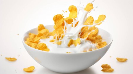 Cornflakes mit Milchspritzer in weißer Schüssel isoliert auf weißem Hintergrund.