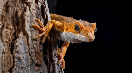 Un gecko accroché à l'écorce d'un arbre avec ses pieds collants. 