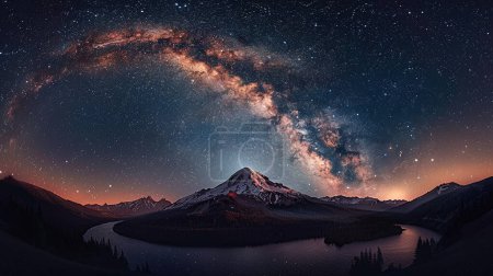 Foto de Vía Láctea brilla por encima del pico de la montaña al atardecer - Imagen libre de derechos