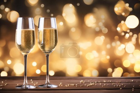 Foto de Dos copas de champán sobre una mesa de madera - Imagen libre de derechos