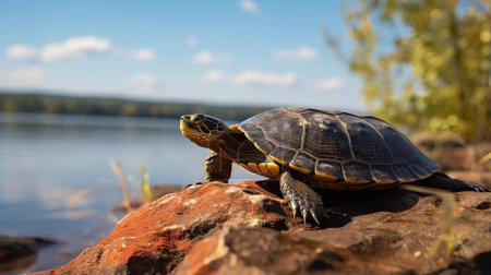 A sunbathing turtle perched on a sun-drenched rock