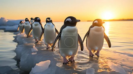 A group of penguins waddling along an icy shoreline
