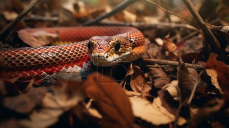 False Coral snake coiled amidst fallen leaves