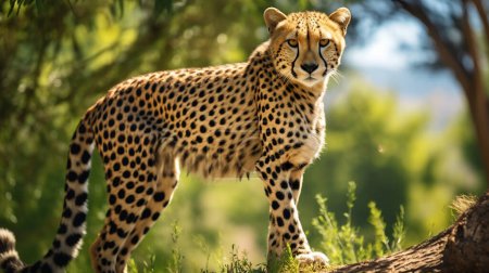 Beautiful spotted Cheetah standing on a green grass hill