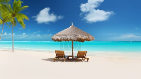 Foto de Sillas de playa con sombrilla y hermosa playa de arena - Imagen libre de derechos