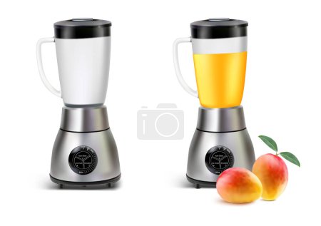 Foto de Conjunto de licuadora Juicer realista. Batidora de cocina con jugo de mango y vacío, beber mezclador 3d aislado. Vector EPS 10 - Imagen libre de derechos