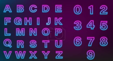 Illustration for Glowing neon tube font. Latin letters from A to Z and numbers from 0 to 9. Pink to light blue gradient light. - Royalty Free Image