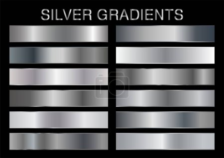 Téléchargez les illustrations : Ensemble de gradients métalliques argentés isolés sur fond noir. Illustration vectorielle - en licence libre de droit