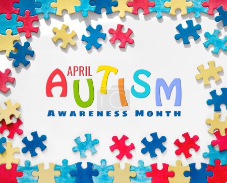 Photo for Text, caption World Autism Awareness Day, April written in frame with puzzle pieces. Design of flyer, poster for Health Care Awareness campaign for Autistic disorder. - Royalty Free Image