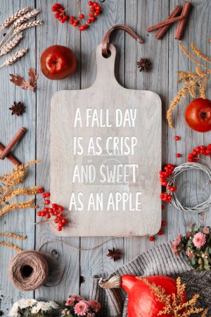 Text Ein Herbsttag ist so knusprig und süß wie ein Apfel auf einem Schneidebrett mit roten Äpfeln. Orange Hokkaido-Kürbis, Vogelbeere, Äpfel, Zimt. Herbstdekor auf altem Holz. Flache Lage, Hintergrund der Saison.