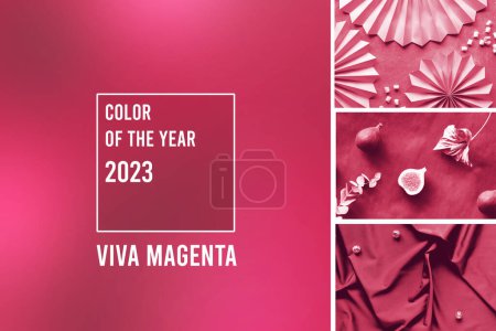 Téléchargez les photos : Viva Magenta couleur de l'année 2023. Palette de couleurs mode tendance. Collage géométrique abstrait avec des images monochromes aux tons magenta. Différentes nuances et textures peintes avec la teinte Viva Magenta. - en image libre de droit