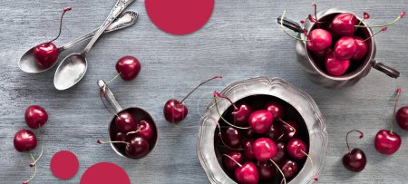 Photo for Viva Magenta color of the year 2023. Panoramic banner, cherry in vintage metal plate with spoons. Panorama image, flat lay, top view on aged grey wooden background. - Royalty Free Image