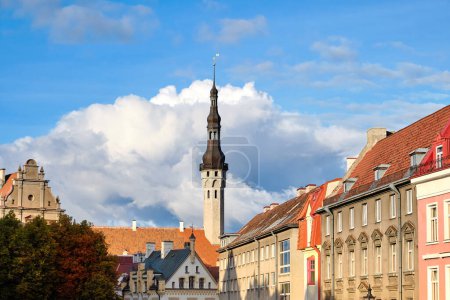 Téléchargez les photos : Tour pittoresque de la mairie de Tallinn et façades historiques d'anciens bâtiments médiévaux par une journée ensoleillée. Centre historique de Tallinn, Estonie. - en image libre de droit