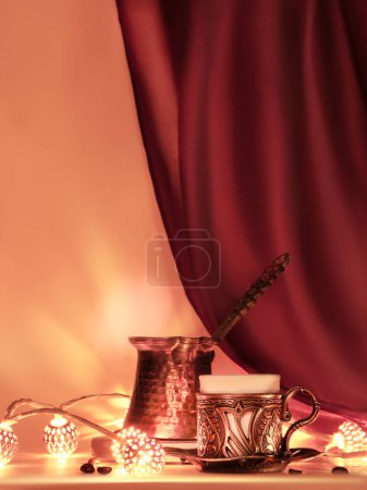 Photo for Turkish coffee pot and traditional cup with oriental sweets. Ornate copper metal garland and tea lights. Vivid red and golden monochromatic festive background lit by candlelight. - Royalty Free Image