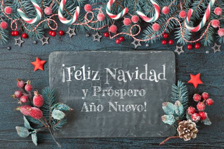Photo for Christmas background with fir twigs, red berries and candy canes with black textured board. Feliz Navidad means Merry Christmas in Spanish language. - Royalty Free Image